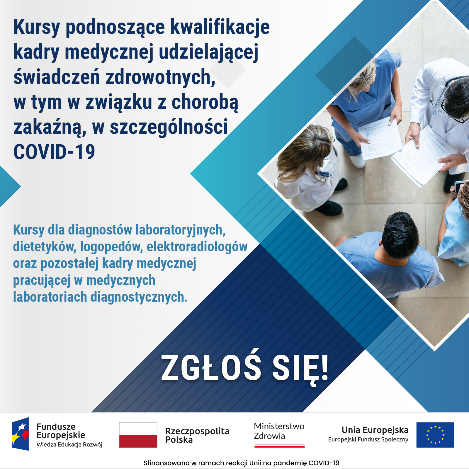 Ilustracja do informacji: Trwa rekrutacja na „Kursy podnoszące kwalifikacje kadry medycznej udzielającej świadczeń zdrowotnych, w tym w związku z chorobą zakaźną, w szczególności COVID-19”. 