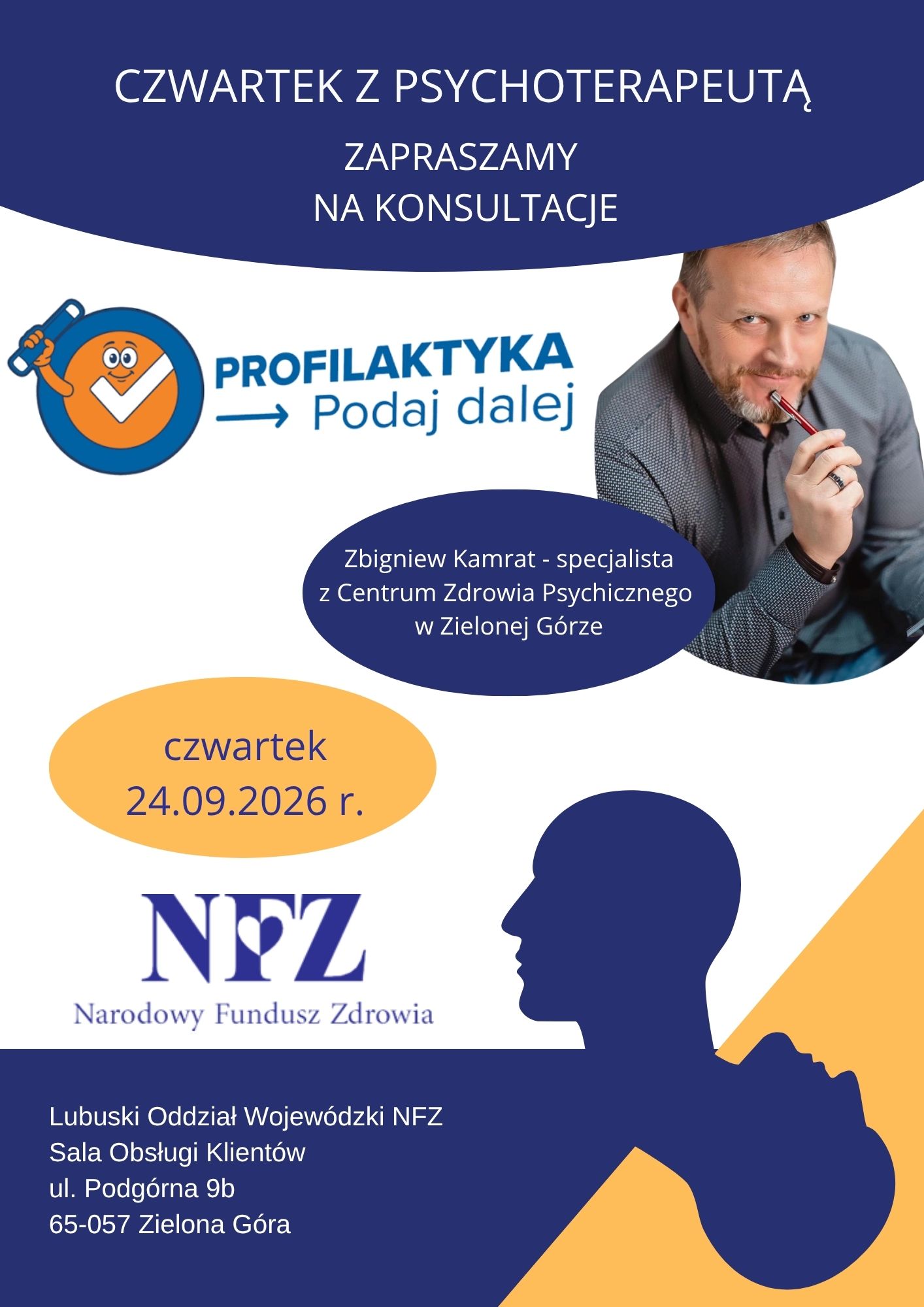 Ilustracja do informacji: Czwartek z psychoterapeutą w Lubuskim OW NFZ - Profilaktyka Podaj Dalej!